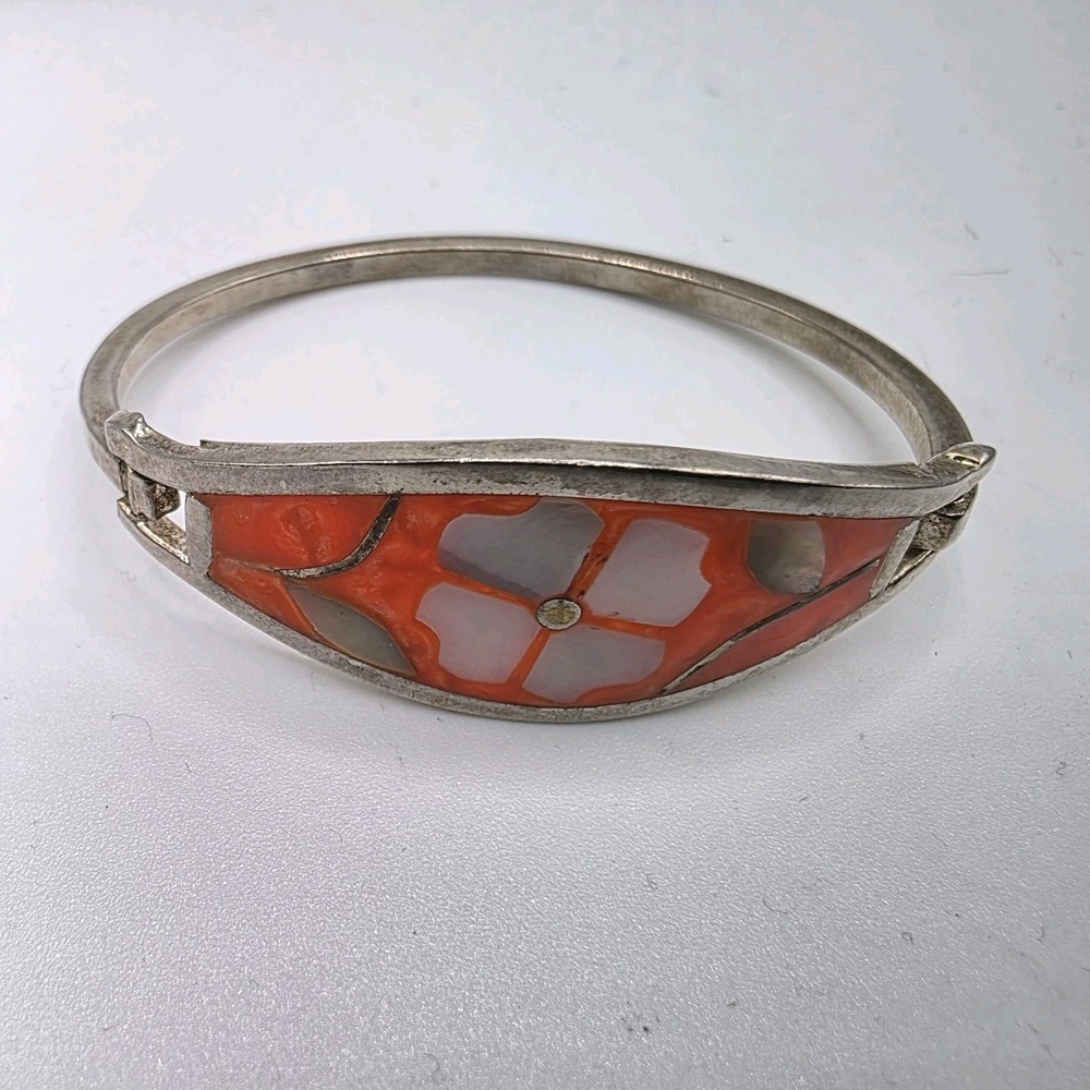 Vintage Alpaca Mexico Bracelet‎ Flower Abalone Inlay Enamel Orange Child Size